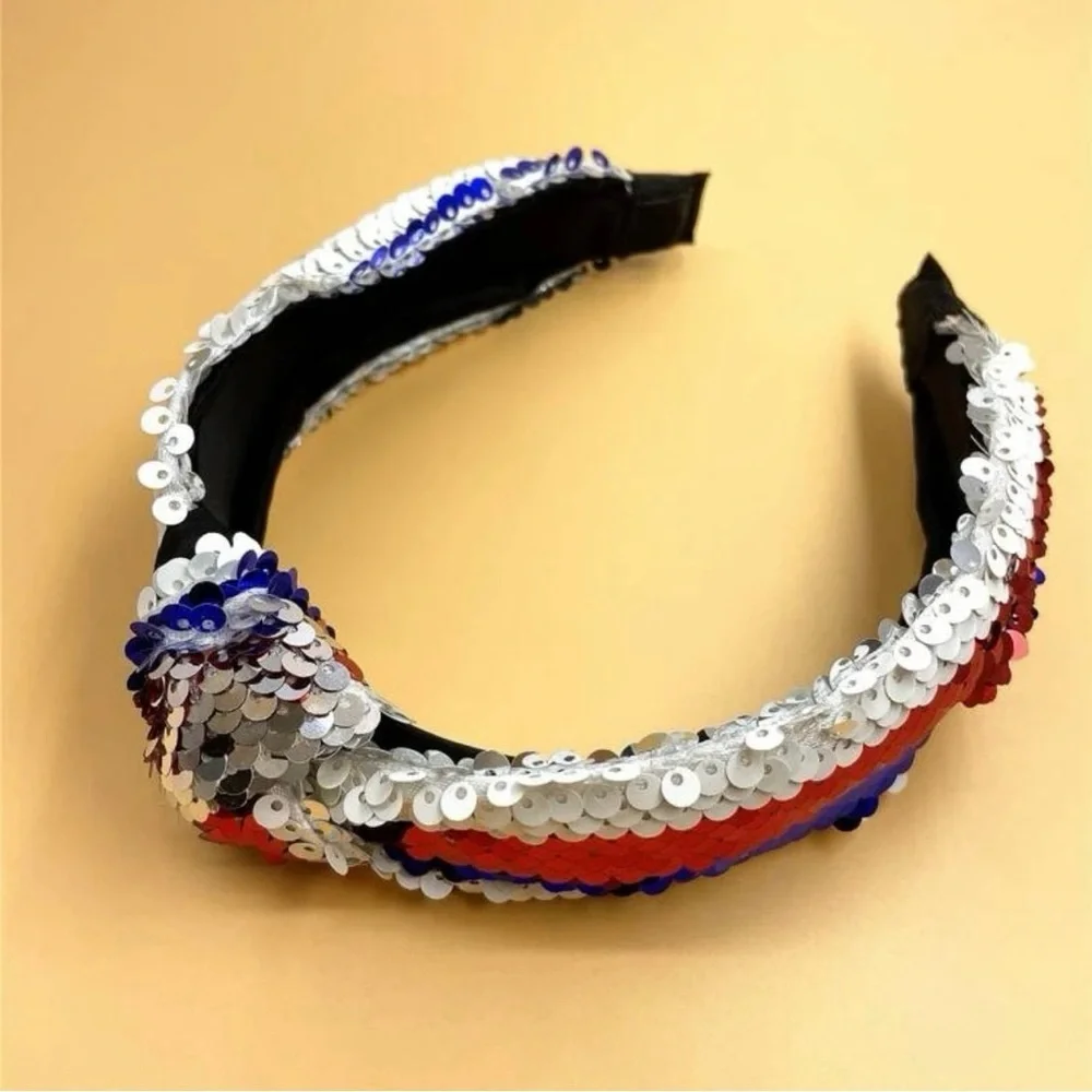 NWOT Patriotic Red White Blue Sequin Top Knot Headband